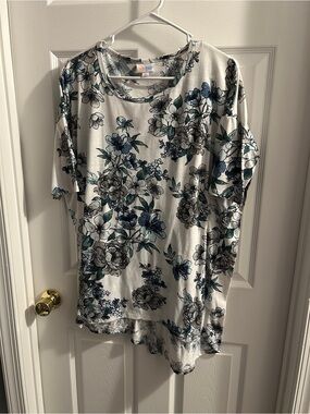 LuLaRoe White Irma Tunic with Blue & Green Floral Print